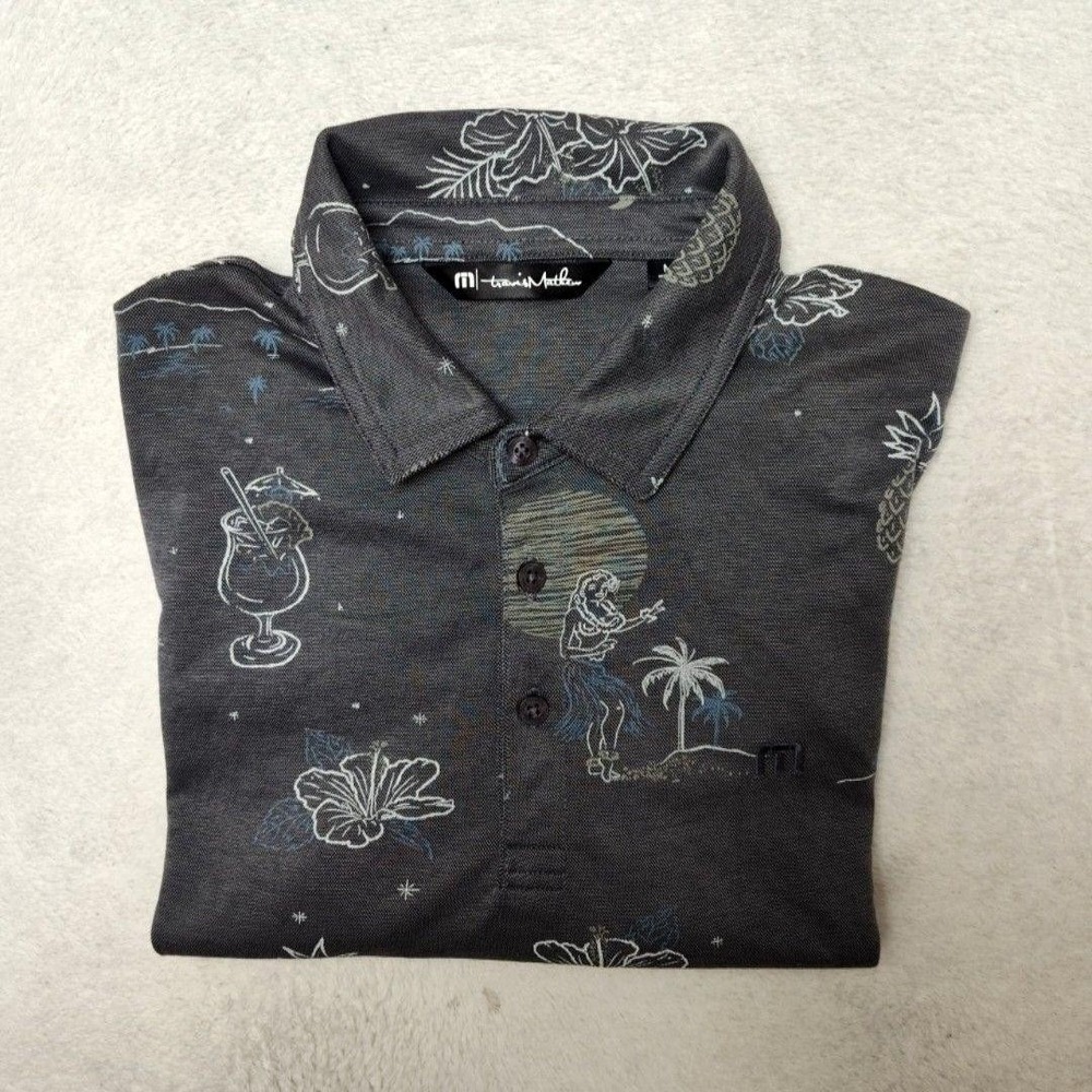 Travis Mathew Polo Mens M‎ Gray Golf Performance Pineapple Drink Hula Girl Day